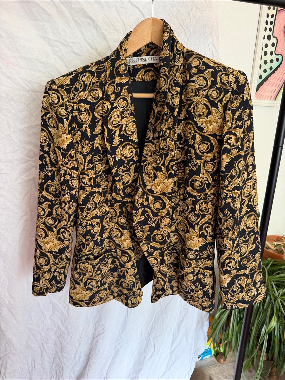 Josephine Chaus Black and Gold Baroque-Print Shawl Collar Blazer